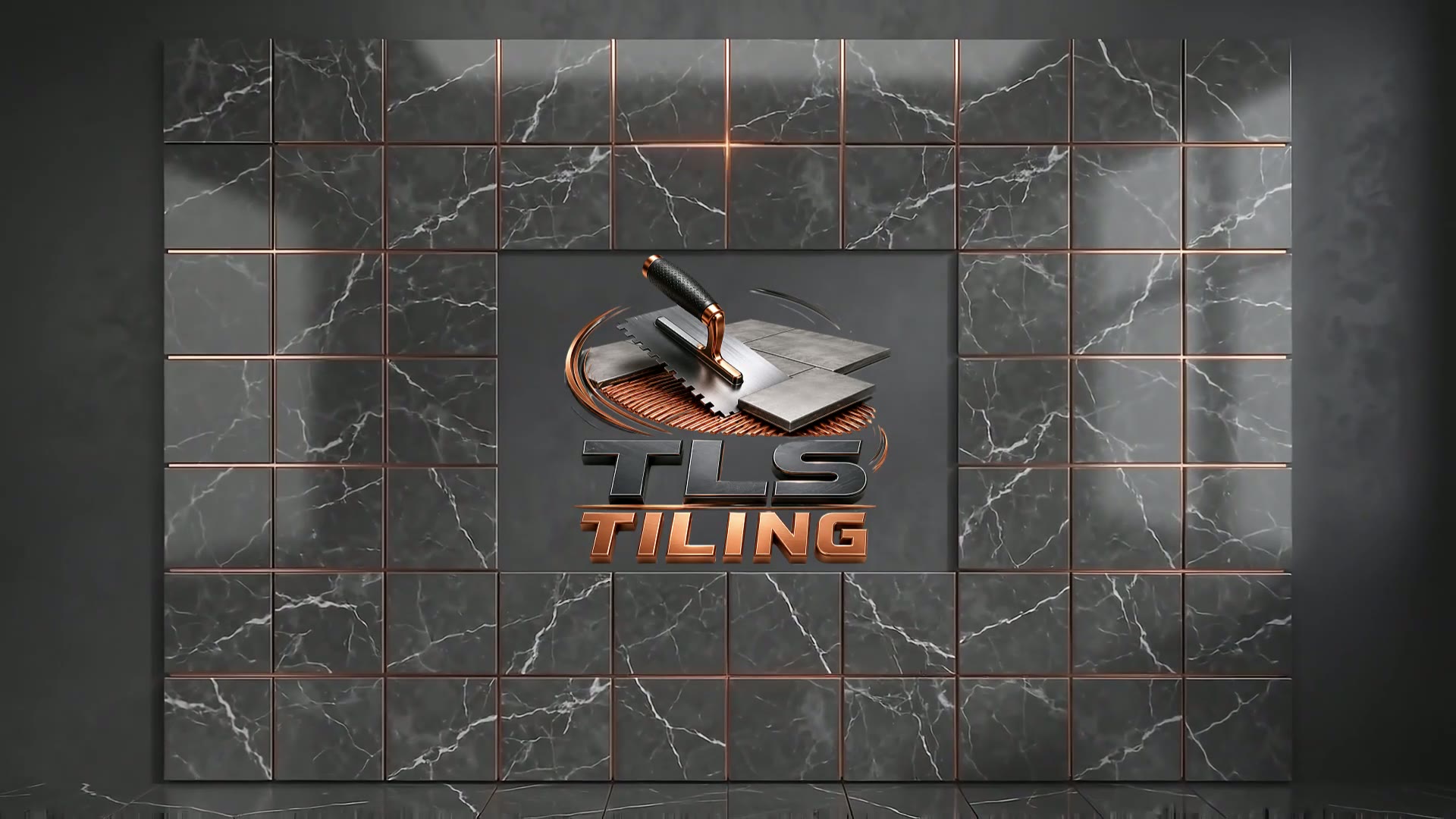 TLS Tiling — marble tiled wall with the TLS Tiling logo